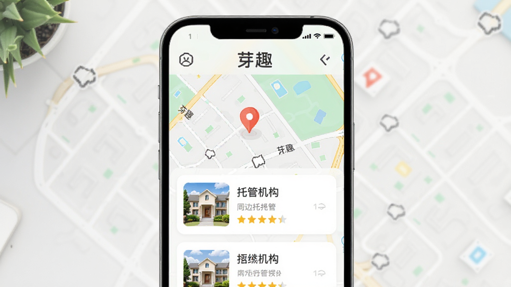 芽趣APP附近托管推荐功能界面,手机屏幕显示地图定位与周边托管机构列表,画面中有