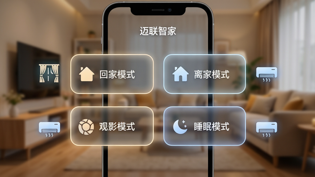 手机屏幕展示“迈联智家”场景控制页面,页面上有“回家模式”“离家模式”“观影模式”“睡眠模式”四个大按钮,按钮周围有灯光、窗帘、空调的图标围绕,背景是温馨的家居环境虚化图,布局为卡片式排列,风格为现代简约风,细节上按钮有微弱的发光效果,画质为高清,干净无多余元素