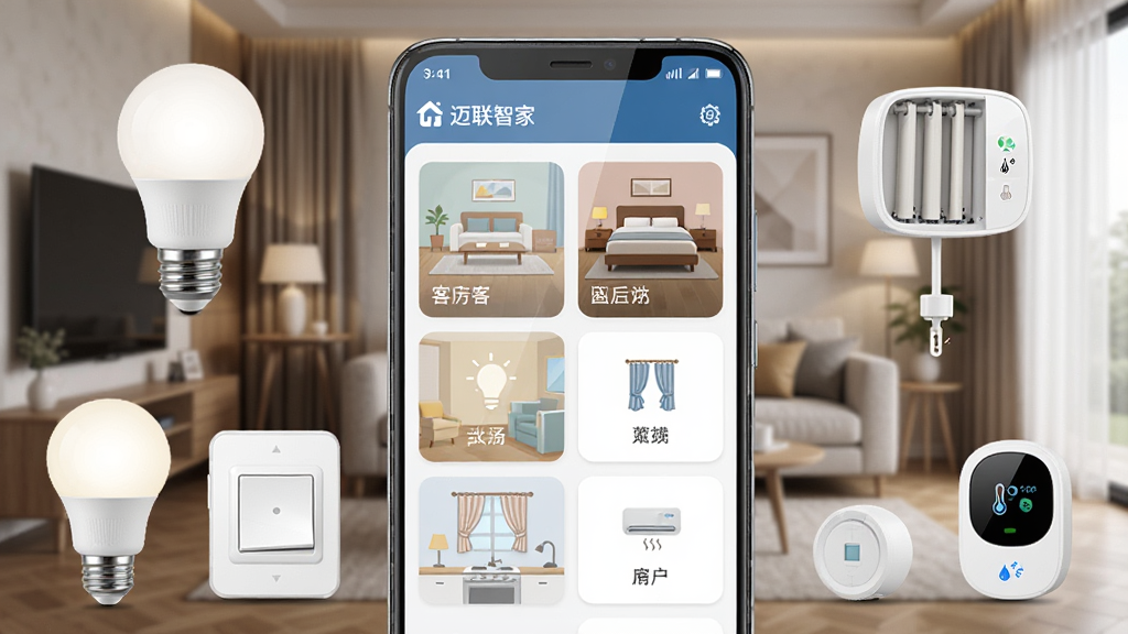 画面中央展示一部安卓手机,手机屏幕上显示“迈联智家”App的主控界面,界面中有客厅、卧室、厨房等房间卡片和灯光、窗帘、空调等设备图标,手机周围环绕着智能灯泡、智能开关、智能窗帘电机、温湿度传感器等设备,背景是温馨的现代家居客厅场景,布局采用中心构图,风格为写实产品渲染风,细节上手机屏幕有轻微反光,设备图标清晰可辨,画质为4K高清,干净无多余元素