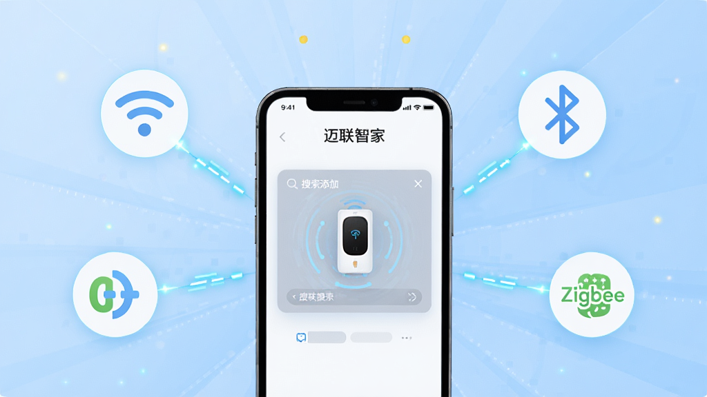 一部手机屏幕显示“迈联智家”设备添加界面,周围漂浮着Wi-Fi、蓝牙、Zigbee三种协议的图标,图标之间用发光的线条连接,背景是浅蓝色的科技感渐变,布局为放射状构图,风格为扁平化科技插画风,细节上手机界面有设备搜索动画,画质为高清,干净无多余元素