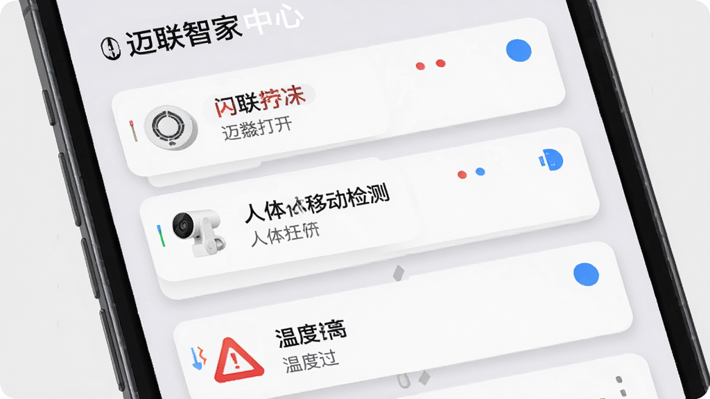 手机屏幕显示“迈联智家”消息通知中心,列表中有门磁打开、人体移动检测、温度过高等告警卡片,每张卡片有对应设备图标和红色或蓝色标记,背景是浅灰色,布局为垂直列表,风格为清爽信息流风,细节上通知卡片有轻微阴影,画质为高清,干净无多余元素
