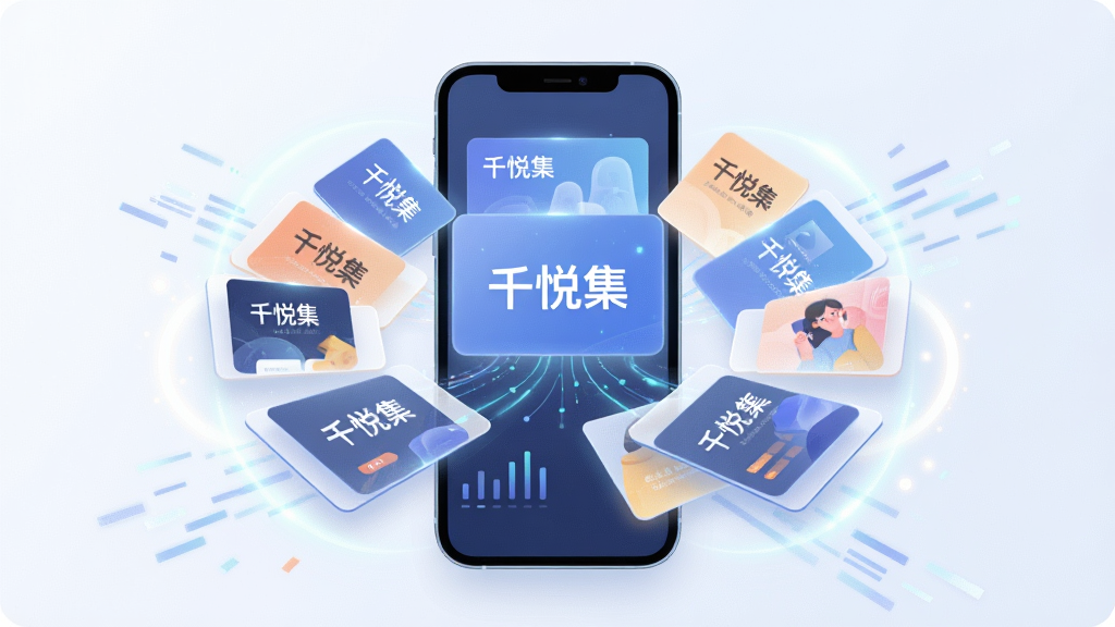 一张以“千悦集”智能推荐功能为主题的科技感插图,主体为手机屏幕中浮现多个内容卡片,卡片上标注“千悦集”品牌字样,布局采用放射状排列,排版突出个性推荐概念,风格偏向现代扁平化与微光效,细节包含数据流线条与柔和光晕,画质高清,干净,无多余元素