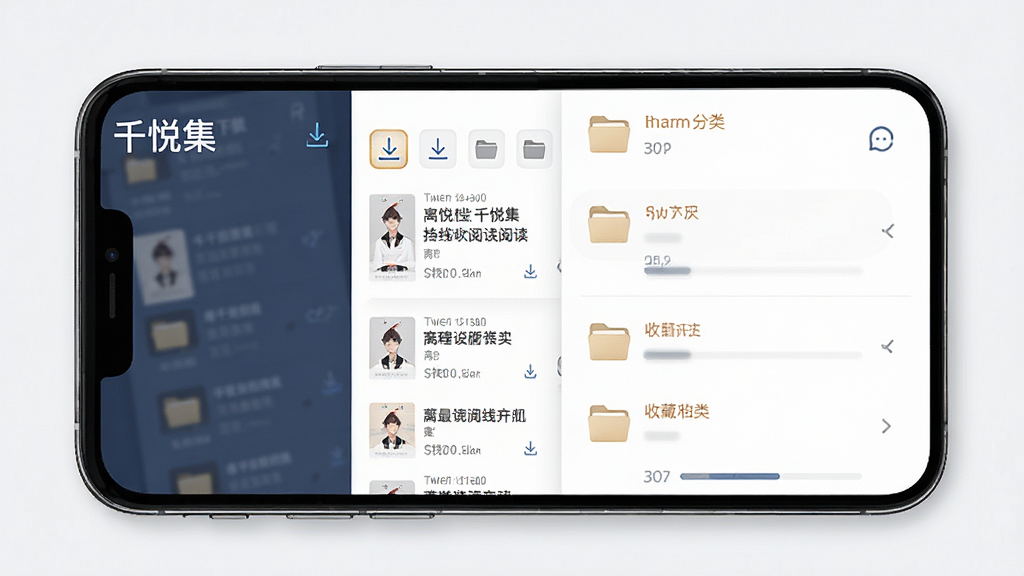 一张展示“千悦集”离线阅读功能的界面示意图,主体为手机屏幕中显示已下载内容列表与收藏夹分类标签,布局采用左右分栏,排版清晰,风格简约商务,细节包含下载图标、文件夹标识与进度条,画质高清,干净,无多余元素