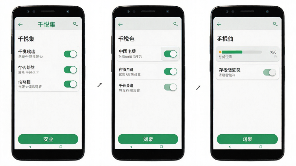 一张展示“千悦集”应用在安卓手机上安装与权限设置流程的示意图,主体为手机屏幕分步截图,布局采用纵向排列,排版清晰,风格简洁教程风,细节包含权限开关、存储空间指示条与安装按钮,画质高清,干净,无多余元素