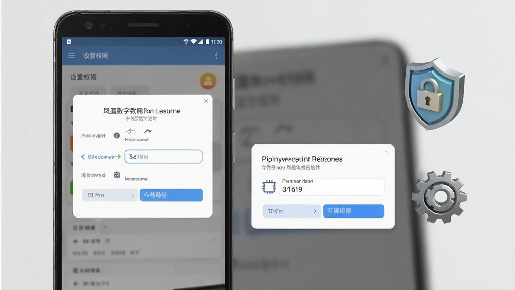 凤凰数字教材移动端使用攻略示意图,画面展示一部安卓手机屏幕中显示设置权限界面和存储路径选择弹窗,手机旁边有盾牌安全图标和齿轮设置图标,背景为浅灰色,布局简洁清晰,风格实用教程感,细节精致,画质干净,无多余元素