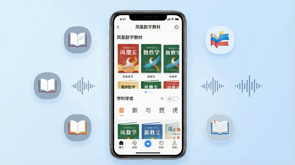 一张展示凤凰数字教材APP主界面的产品全貌图,画面中央放置一部智能手机,手机屏幕上显示凤凰数字教材的首页界面,包含教材封面书架、学科分类导航栏和底部功能菜单,手机周围环绕着语文、数学、英语等学科图标和音频波形符号,背景为柔和的浅蓝色渐变,整体风格清新简洁,排版居中对称,细节精致,画质清晰干净,无多余元素