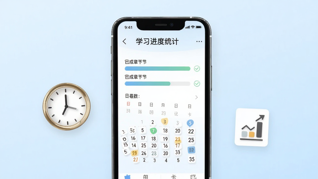 凤凰数字教材学习进度记录功能展示图,画面中一部手机屏幕显示学习进度统计页面,包含进度条、已完成章节打勾标记和日历打卡记录,手机旁边有一个时钟图标和图表符号,背景为淡蓝色渐变,布局居中对齐,风格清新简洁,画质清晰干净,无多余元素