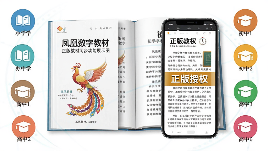 凤凰数字教材APP正版教材同步功能展示图,画面主体是一本翻开的数字教材,左侧显示纸质教材封面,右侧展示手机屏幕中的数字教材内容页面,页面上标注有