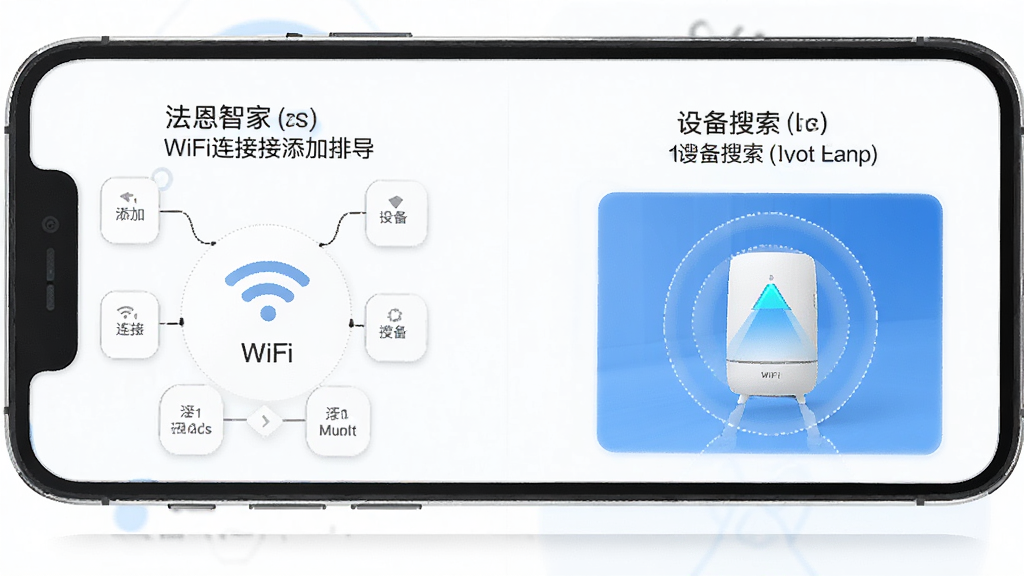 法恩智家APP设备添加引导页面,手机屏幕显示添加设备步骤,包含WiFi连接提示和设备搜索动画,背景为简洁白色界面,风格清爽,画质高清,干净无多余元素