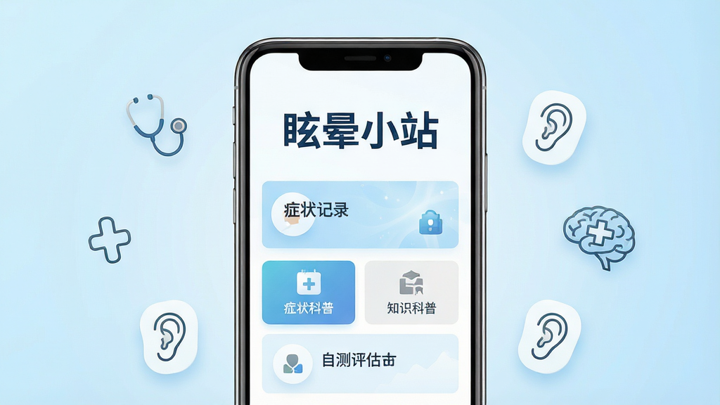 一张展示眩晕小站手机应用界面的主视觉图,画面中央是一部竖屏智能手机,屏幕显示眩晕小站APP的首页,页面顶部有眩晕小站四个大字,下方有症状记录、知识科普、自测评估等功能入口卡片。手机周围漂浮着简洁的医疗图标如听诊器、耳朵、大脑轮廓,背景为浅蓝色渐变的干净医疗风格,整体排版居中对称,风格简洁清新,细节精致,画质高清,干净,无多余元素。