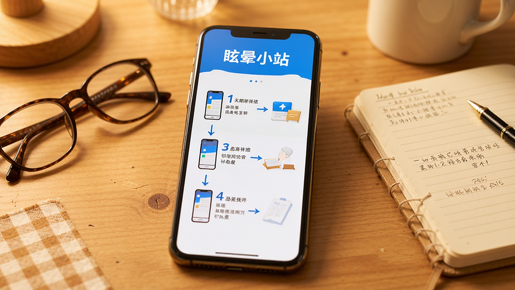 一部手机屏幕显示眩晕小站APP的使用指南页面,画面中有清晰的步骤编号和操作箭头指示,手机旁边放着一副老花镜和一本笔记本,背景是暖色调的桌面,整体氛围温馨、易懂、适合中老年用户,排版整齐,画质高清,干净,无多余元素。