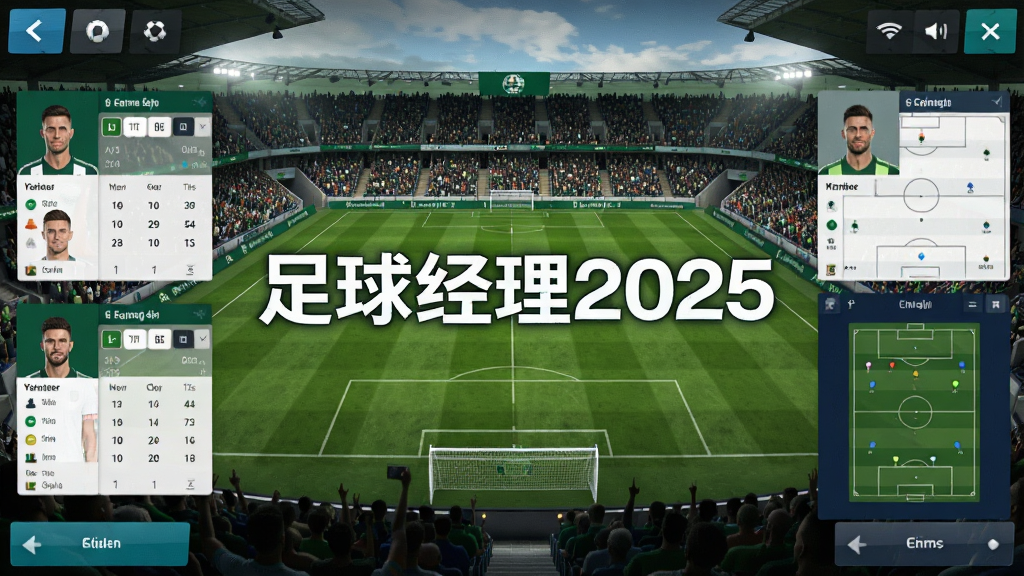 一款足球经理主题的手机游戏画面,画面中央是足球经理2025的标题文字“足球经理2025”,背景为绿茵球场与观众席,左右两侧分布球员数据卡片与战术板,整体采用写实体育风格,色调以绿色和深蓝色为主,细节清晰,画质干净,无多余元素