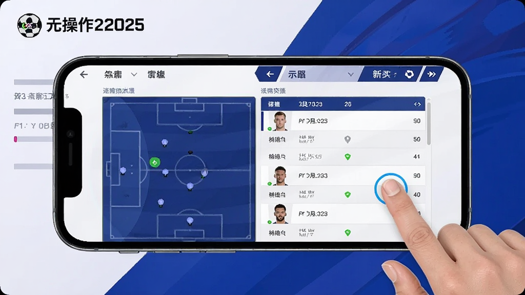 足球经理2025新手操作界面示意图,画面展示手机屏幕中的战术设置页面和球员列表,旁边有手指点击操作的示意,背景为简洁的体育管理风格,色调以蓝色和白色为主,画质清晰,无多余元素