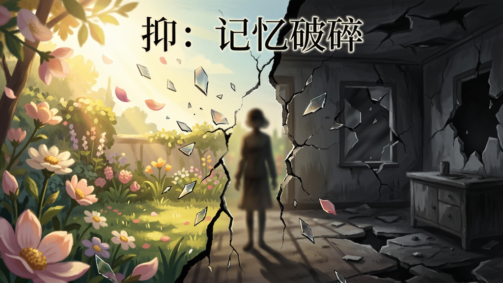 一张横向宽幅插画,画面左侧是明亮温暖的花园场景,右侧是阴暗破碎的房间场景,中间由一道裂痕分割,裂痕处站着一个模糊的人影,画面顶部有文字“抑:记忆破碎”,风格为超现实心理隐喻插画,细节包括花瓣与碎片交织、光线渐变,画质高清,干净,无多余元素