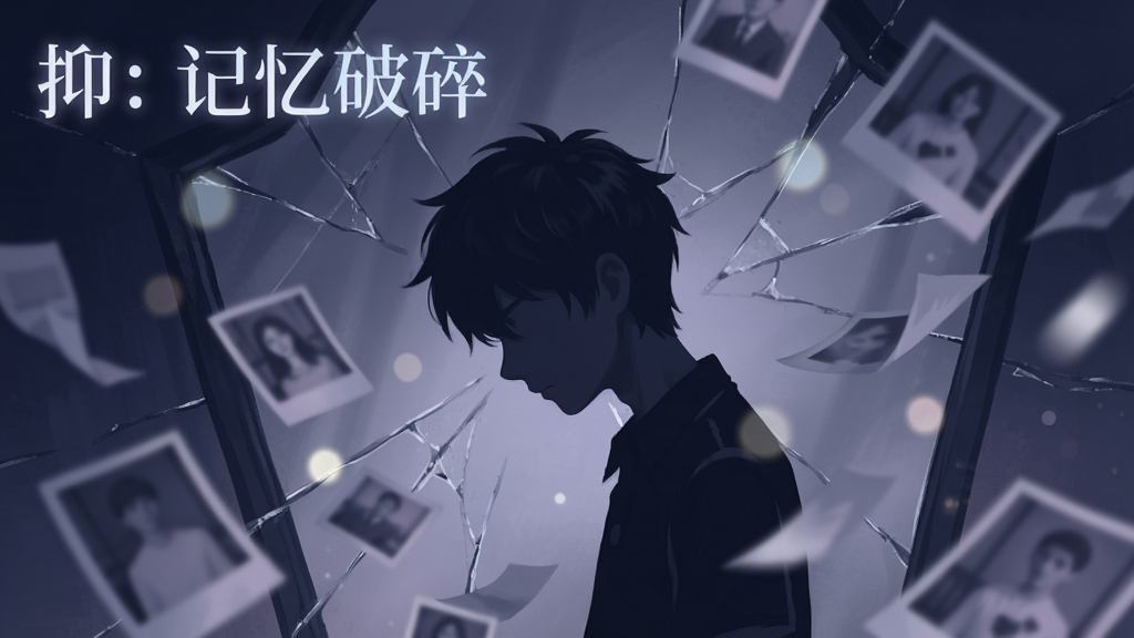 画面中央是一位低着头的少年剪影,背景是破碎的镜面与飘散的照片碎片,整体色调为深蓝与灰紫,画面左上角有发光的文字“抑:记忆破碎”,风格为忧郁梦幻的插画风,细节包括裂痕、模糊的光斑、飘动的纸条,画质高清,干净,无多余元素