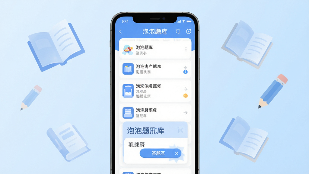 主体为一部智能手机屏幕显示泡泡题库应用界面,布局采用居中构图,手机两侧散落着半透明的书本与铅笔图标,排版简洁明快;风格为扁平化科技插画风,细节上屏幕内呈现题库列表与答题卡元素,背景为浅蓝色渐变;画质清晰干净,无多余元素,图片中文字标注