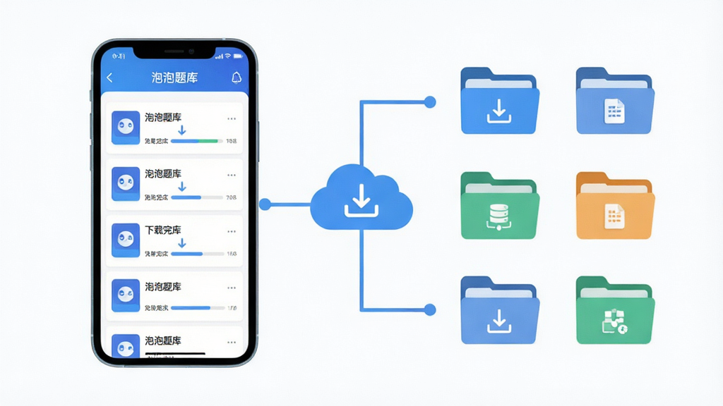 主体为手机与云端数据库连接的示意图,布局为左右对称结构,左侧手机屏幕显示泡泡题库下载完成的题库列表,右侧为分类清晰的题库文件夹图标;排版整齐有序,风格为现代扁平化设计,细节上加入下载箭头与进度条元素;画质高清,背景干净,图片中文字标注