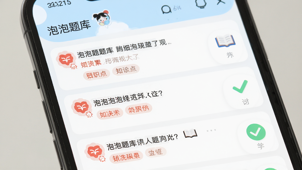 主体为手机屏幕展示泡泡题库错题本界面,布局为列表式排版,每条错题带有红色标记与知识点标签;风格为清新学习类应用界面,细节上加入书本与对勾图标;画质清晰,背景为浅色,图片中文字标注