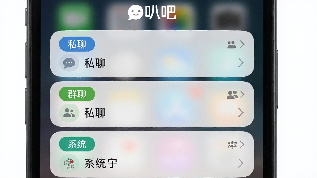 画面展示一个手机通知中心界面,界面内有三类消息分组,分别用不同颜色标签标注“私聊”“群聊”“系统”,每个分组下方有若干消息条目,屏幕顶部有“叭吧”标志,布局为列表式,风格简洁商务,细节上标签有圆角,画质清晰,干净无多余元素