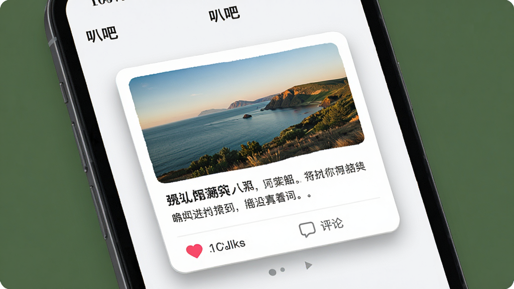 画面展示一个手机屏幕,屏幕上显示一条动态卡片,卡片内有一张风景照片和一段文字描述,下方有点赞和评论图标,屏幕顶部有“叭吧”导航栏,布局为上下结构,风格写实UI风格,细节上卡片有圆角投影,画质高清,干净无多余元素