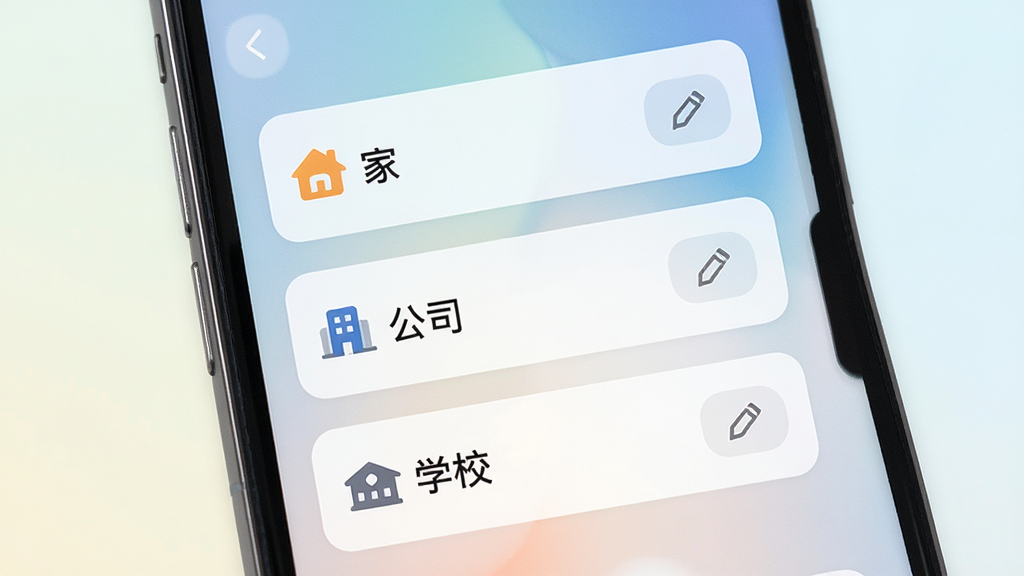 手机屏幕展示智小途APP收藏地点管理页面,卡片式排列“家”“公司”“学校”等标签,每个标签配有小图标与编辑按钮,背景为柔和浅色渐变,风格简洁现代,细节清晰,画质高清,干净,无多余元素