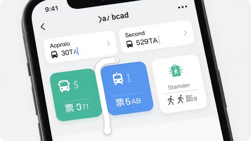 画面展示手机屏幕内智小途APP的换乘方案页面,上方为起点终点输入框,下方列出公交、地铁、步行组合路线卡片,卡片中包含时间、票价与步行距离图标,背景为浅色简洁界面,风格清新扁平化,细节清晰,画质高清,干净,无多余元素