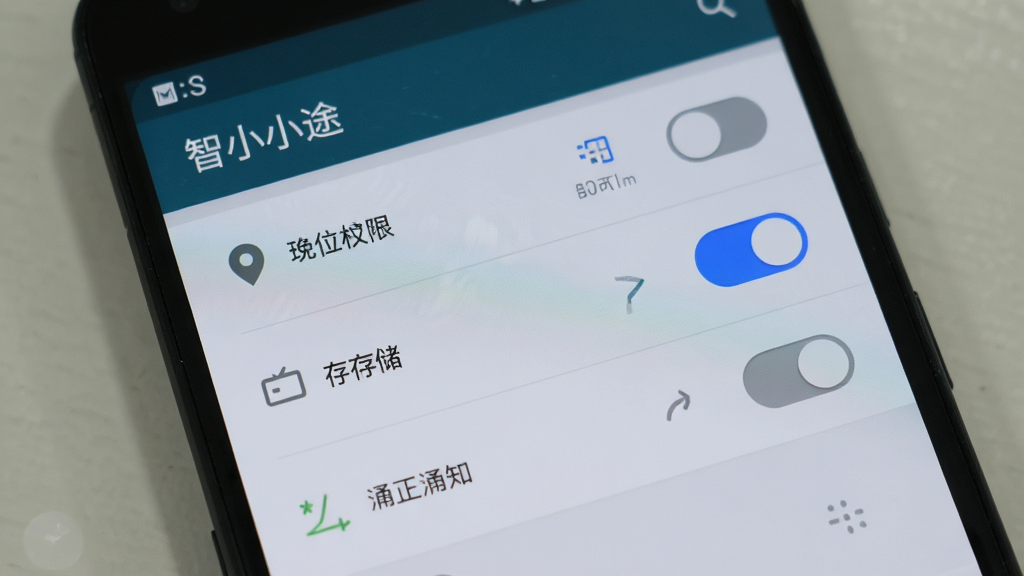 画面展示一部安卓手机屏幕,显示智小途APP的权限设置页面,包含定位、存储、通知三个权限开关,其中一个开关高亮为蓝色开启状态,背景为浅灰色设置界面,风格简洁写实,细节清晰,画质高清,干净,无多余元素