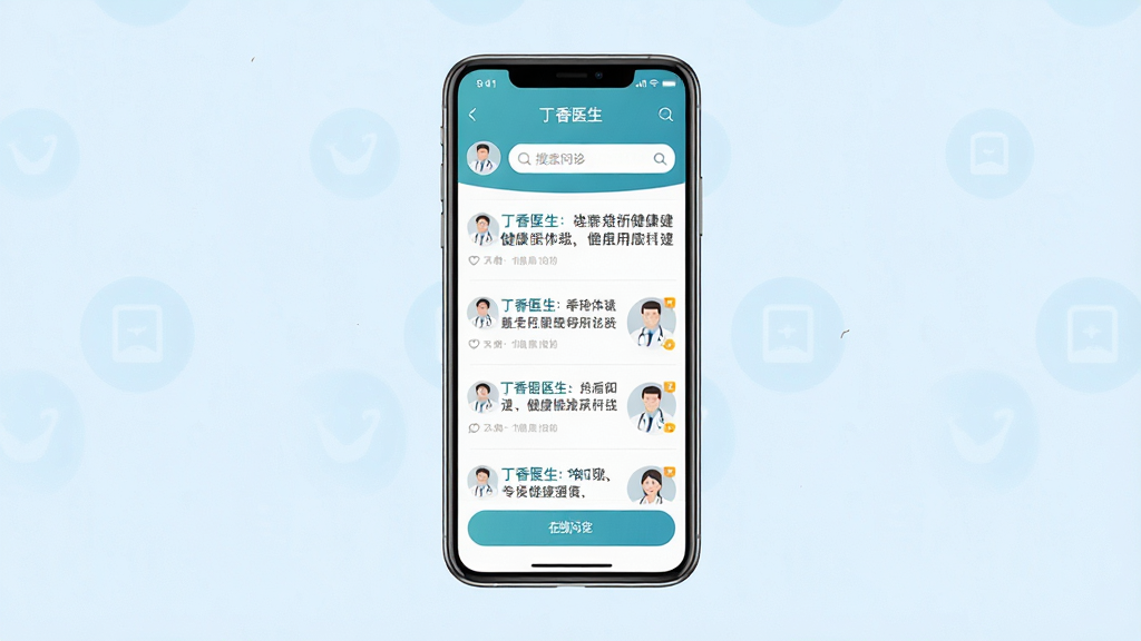 丁香医生手机应用主界面预览图,画面中央放置一部智能手机,屏幕内展示健康科普文章列表与在线问诊入口,背景为干净的浅蓝色渐变,风格简洁清新,细节包含医生头像图标和搜索框,画质高清,干净无多余元素