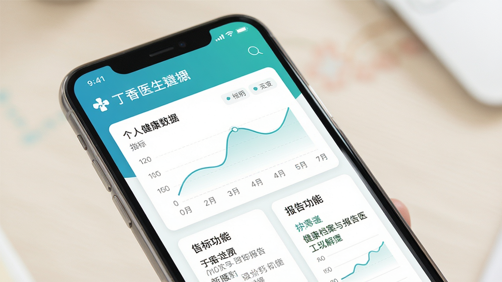 丁香医生健康档案与报告解读功能界面图,画面主体为手机屏幕展示个人健康数据图表和报告解读页面,布局采用卡片式排版,风格温和医疗感,细节包含数据曲线和指标说明文字,画质高清,干净无多余元素