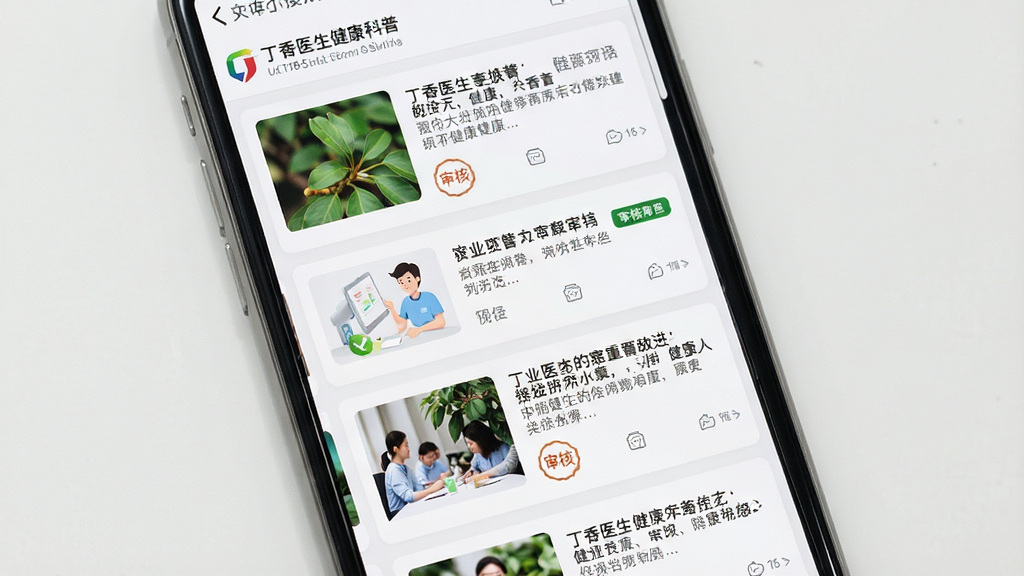 丁香医生健康科普文章列表界面图,画面展示手机屏幕内多篇健康文章卡片,布局采用纵向滚动列表排版,风格清爽阅读感,细节包含文章配图和审核标识,画质高清,干净无多余元素