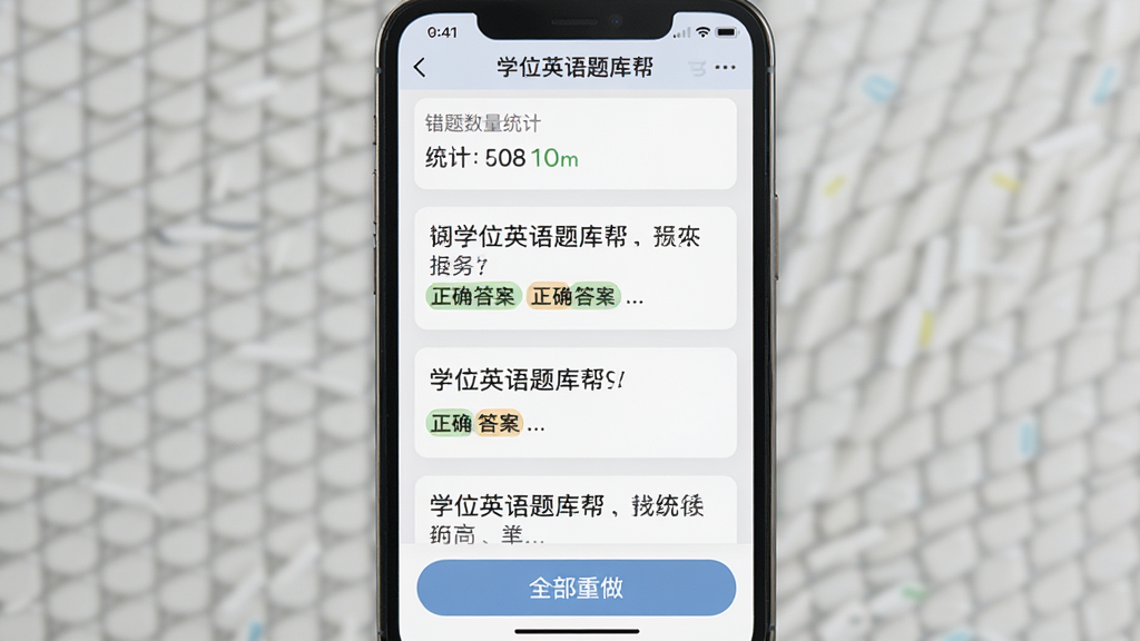 手机屏幕展示“学位英语题库帮”错题本页面,顶部显示错题数量统计,中间列表展示错题题干与正确答案标记,底部有“全部重做”按钮,界面采用卡片式布局,浅灰色背景,风格简洁,画质清晰,无多余元素