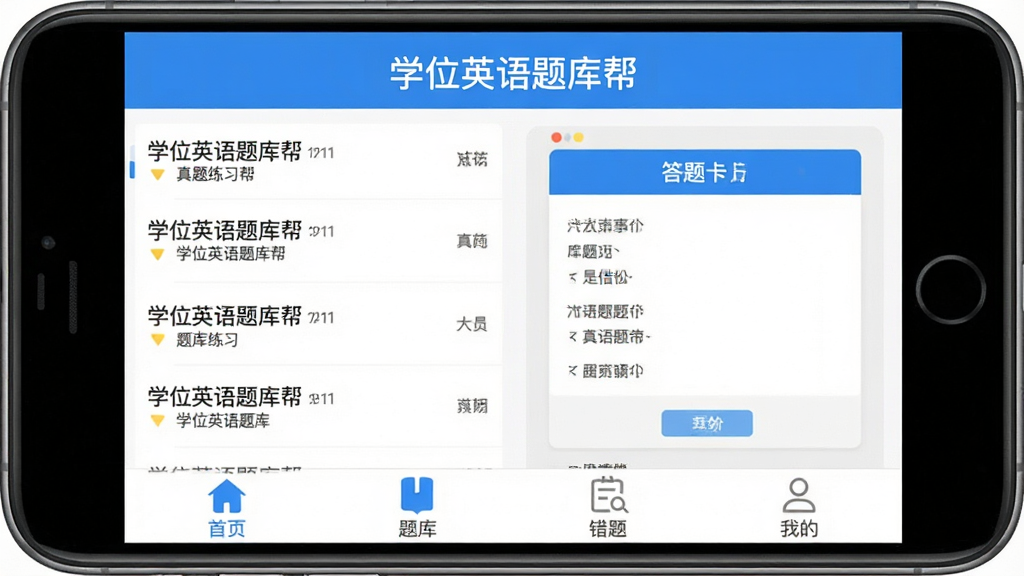 手机屏幕中央展示“学位英语题库帮”应用主界面,顶部标题栏写“学位英语题库帮”,中间为真题练习列表和答题卡布局,底部导航栏包含首页、题库、错题、我的四个图标,整体采用蓝白清新配色,扁平化UI风格,细节清晰,画质干净,无多余元素