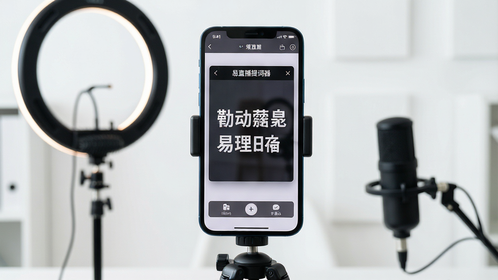 一张展示手机直播场景的图片,画面中央是一部架在三脚架上的智能手机,手机屏幕显示“易直播提词器”的悬浮提词窗口,窗口内是清晰的白色大字台词,背景是简洁的室内直播环境,有环形补光灯和麦克风,整体风格清新明亮,细节包括手机界面UI、提词文字排版、直播设备布局,画质高清,干净,无多余元素