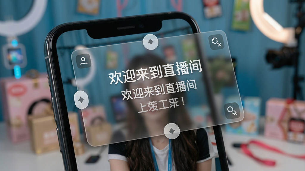 一张手机屏幕特写图片,屏幕中显示直播画面,上方悬浮着一个半透明的提词窗口,窗口内显示“欢迎来到直播间”等台词文字,提词窗口边缘有拖动按钮和缩放图标,背景是直播带货场景,风格科技感十足,细节包括悬浮窗透明度、文字清晰度、界面图标,画质高清,干净,无多余元素