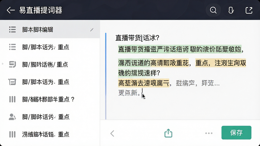 一张手机界面展示图片,画面中是“易直播提词器”的脚本编辑页面,左侧是脚本列表,右侧是编辑区域,文字内容为直播带货话术,有高亮标注的重点词,界面风格简洁商务,细节包括列表图标、编辑光标、保存按钮,画质高清,干净,无多余元素