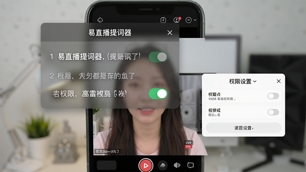 一张手机屏幕录制风格的图片,画面展示“易直播提词器”在直播软件上方的悬浮效果,提词窗口半透明,下方是直播画面,旁边有权限设置弹窗示意图,风格教程类,细节包括悬浮窗位置、权限开关按钮、直播画面内容,画质高清,干净,无多余元素