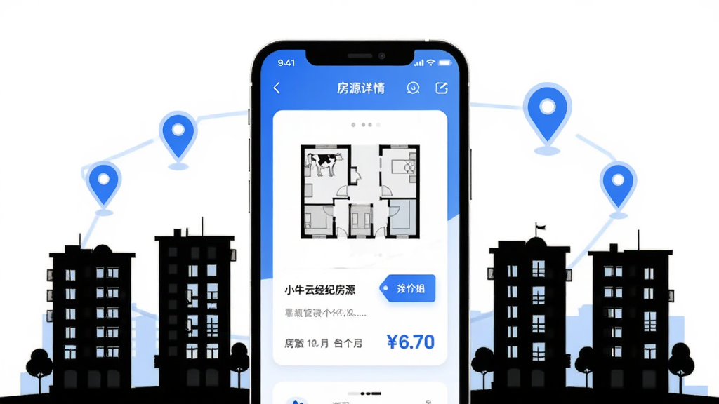 小牛云经纪房源管理功能展示图,画面中一部手机屏幕显示房源详情卡片,包含户型图与价格标签,周围环绕小区楼栋剪影与定位图标,风格简洁扁平化,蓝白配色,画质清晰,干净无多余元素