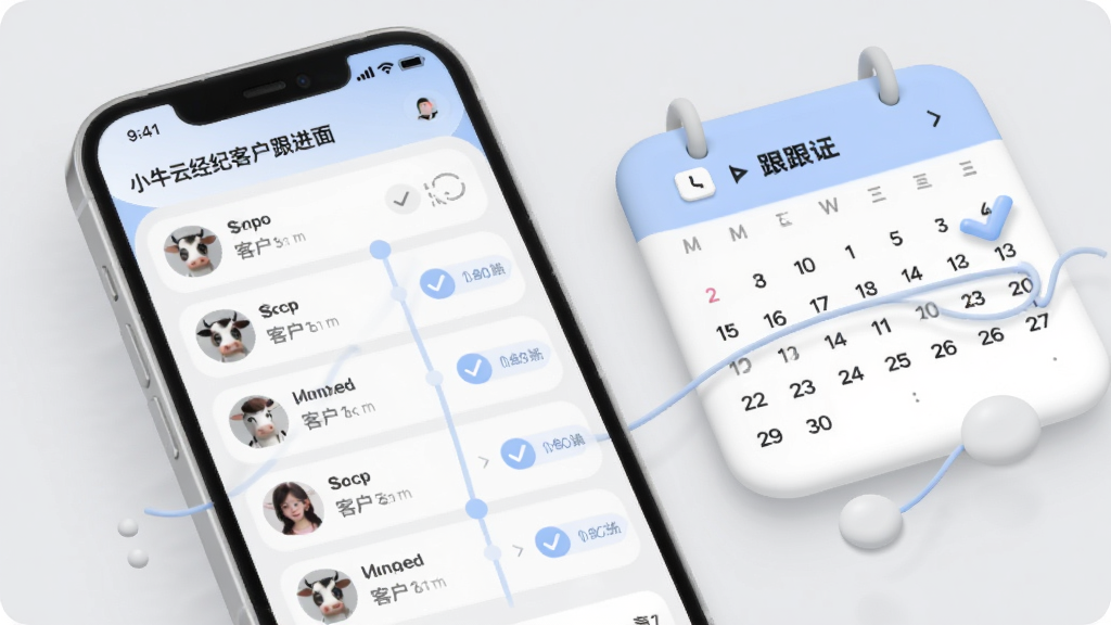 小牛云经纪客户跟进界面示意图,画面展示手机屏幕上的客户列表与跟进时间轴,旁边有日历与勾选标记元素,整体风格柔和圆角,浅灰与淡蓝搭配,细节丰富,画质干净,无多余元素