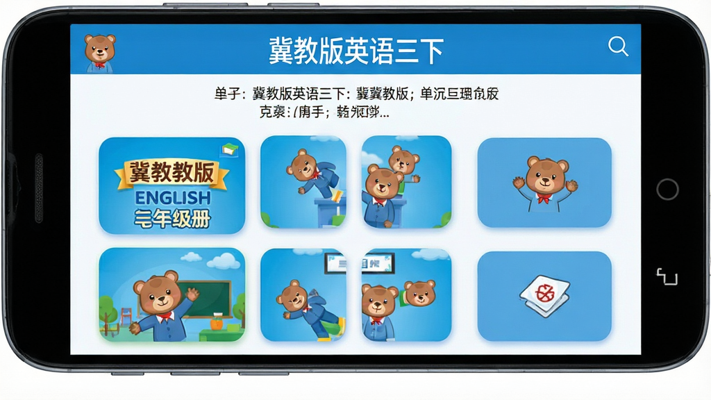 冀教版英语三下软件主界面预览图,主体是一部安卓手机屏幕显示冀教版英语三年级下册电子课本封面与单元目录,布局为居中手机正面展示,排版上方是软件名称“冀教版英语三下”与单元列表,风格为清新教育类UI设计,细节包含卡通小熊图标、蓝色主色调、圆角卡片式单元入口,画质高清干净无多余元素