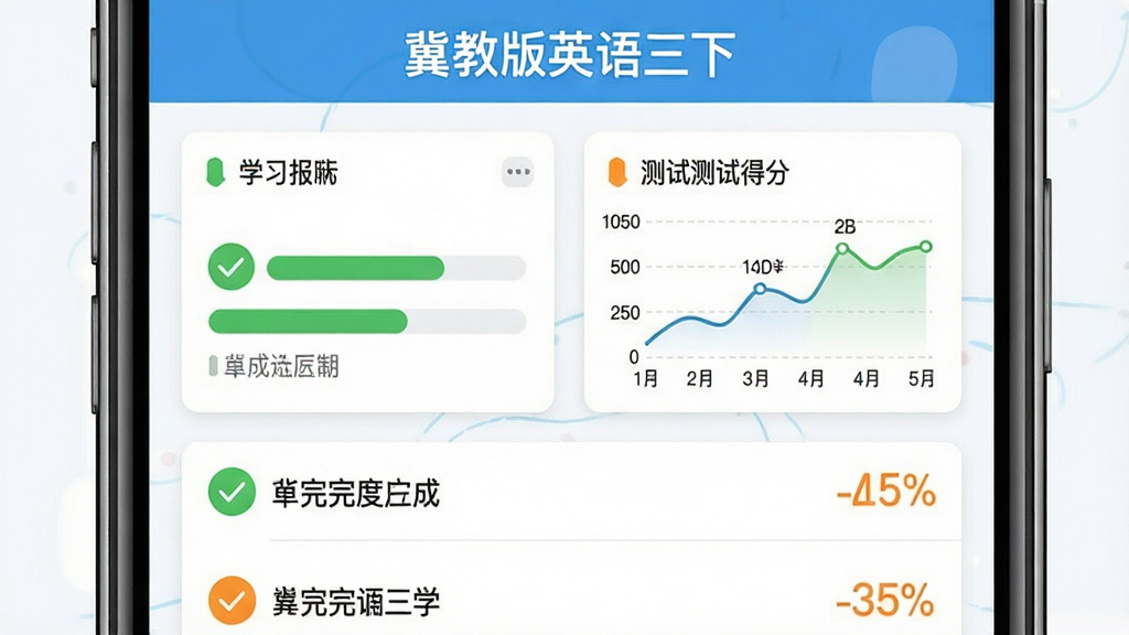 冀教版英语三下学习进度记录页面图,主体是手机屏幕展示单元完成进度条与测试得分折线图,布局为上方统计卡片下方单元列表,排版顶部标注“冀教版英语三下”与学习报告标题,风格为清爽数据看板风,细节包含绿色完成勾选、橙色待学标记、百分比数字,画质清晰干净无多余元素