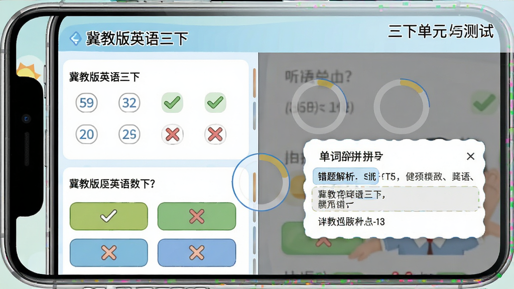 冀教版英语三下单元测试练习界面图,主体是手机屏幕展示听力选择题与单词拼写题,布局为上下分栏上方题目下方选项按钮,排版顶部显示“冀教版英语三下”与单元名称,风格为简洁答题卡式UI,细节包含对勾叉号标记、分数圆环、错题解析弹窗,画质高清干净无多余元素