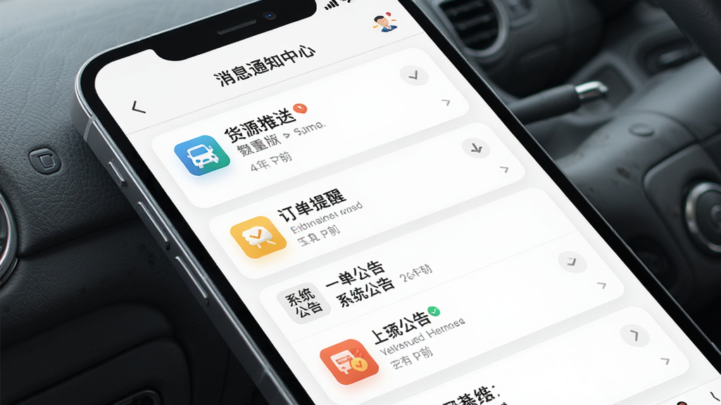 一张上马智运司机版消息通知中心的界面图,画面中手机屏幕显示多条消息卡片,包含货源推送、订单提醒、系统公告等,卡片带有图标与时间,背景为白色,布局整齐,风格清爽明快,细节丰富,画质干净,无多余元素