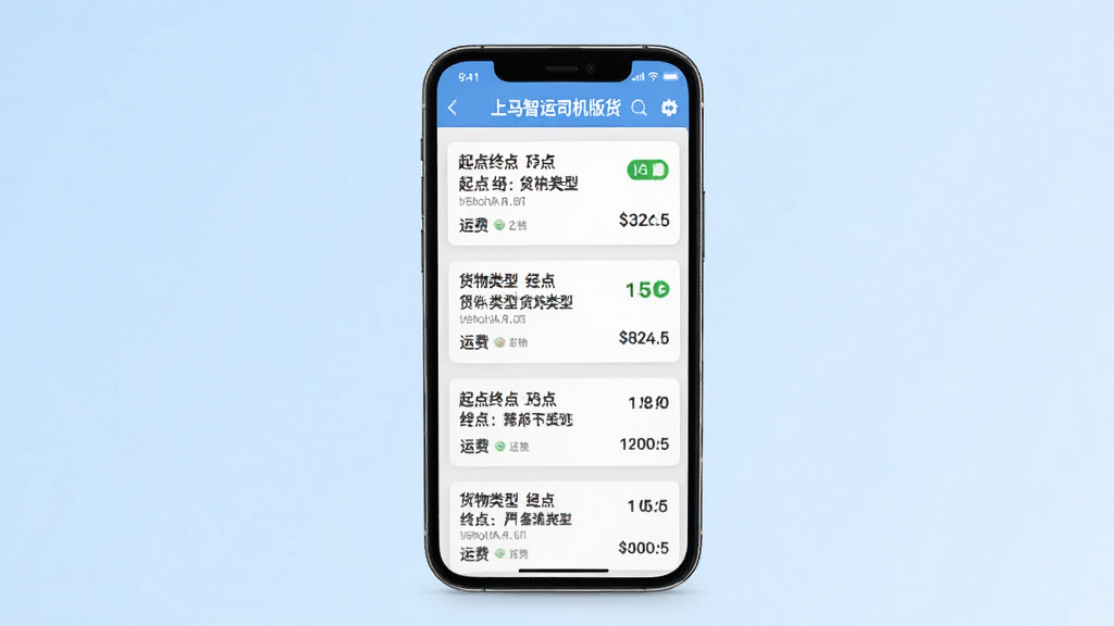 一张上马智运司机版货源列表页面的展示图,画面主体为手机屏幕,屏幕内显示多条货源卡片,每条卡片包含起点终点、货物类型、运费等信息,背景为浅蓝色渐变,布局清晰整齐,风格现代简约,细节丰富,画质干净,无多余元素