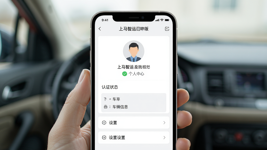 一张上马智运司机版个人中心页面的展示图,画面中手机屏幕显示头像、认证状态、车辆信息、设置选项等模块,背景为浅色,布局清晰,风格简约实用,细节清楚,画质干净,无多余元素