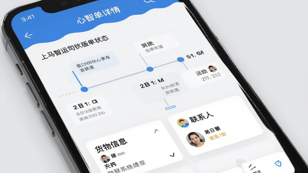 一张上马智运司机版运单详情页面的展示图,画面中手机屏幕显示运单状态时间轴,包含多个节点和对应时间,下方有货物信息与联系人卡片,背景为浅灰色,布局条理分明,风格商务简洁,细节清晰,画质干净,无多余元素