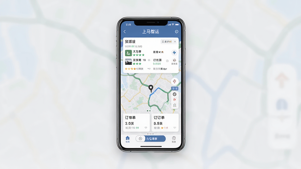 一张展示上马智运司机版手机应用界面的场景图,画面中央是一部竖屏智能手机,屏幕上显示上马智运司机版的主页,包含货源列表、地图导航、订单卡片等元素,手机周围以浅灰色背景衬托,布局居中对称,风格简洁商务,细节清晰,画质干净,无多余元素