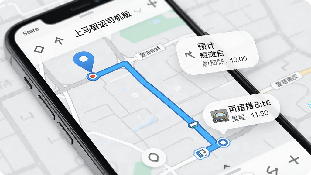 一张上马智运司机版路线导航界面的示意图,画面中手机屏幕显示地图路线,起点与终点用标记标注,路线以蓝色高亮显示,周围有里程和预计时间信息浮层,背景为白色与浅灰搭配,风格清爽直观,细节清晰,画质干净,无多余元素