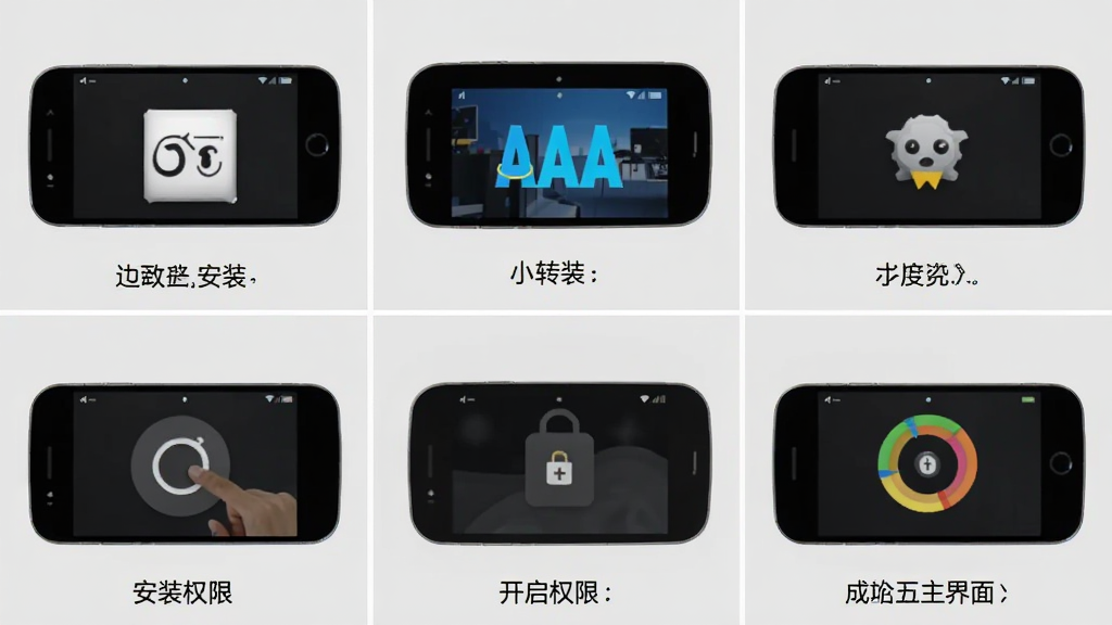 决定小转盘在安卓手机上安装和使用的操作流程图,画面以分镜形式展示从下载安装包、点击安装、开启权限到成功打开转盘主界面的完整步骤,每个步骤配有手机屏幕截图和简短文字说明,背景为浅灰色,风格简洁明了,画质清晰,干净无多余元素