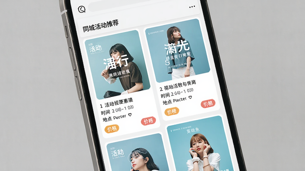 活动行App同城活动推荐页面,主体为手机屏幕中的瀑布流活动卡片,布局为双列排列,排版错落有致,风格为清新浅色系,细节包含活动海报、标题、时间、地点、价格标签,画质高清,干净,无多余元素
