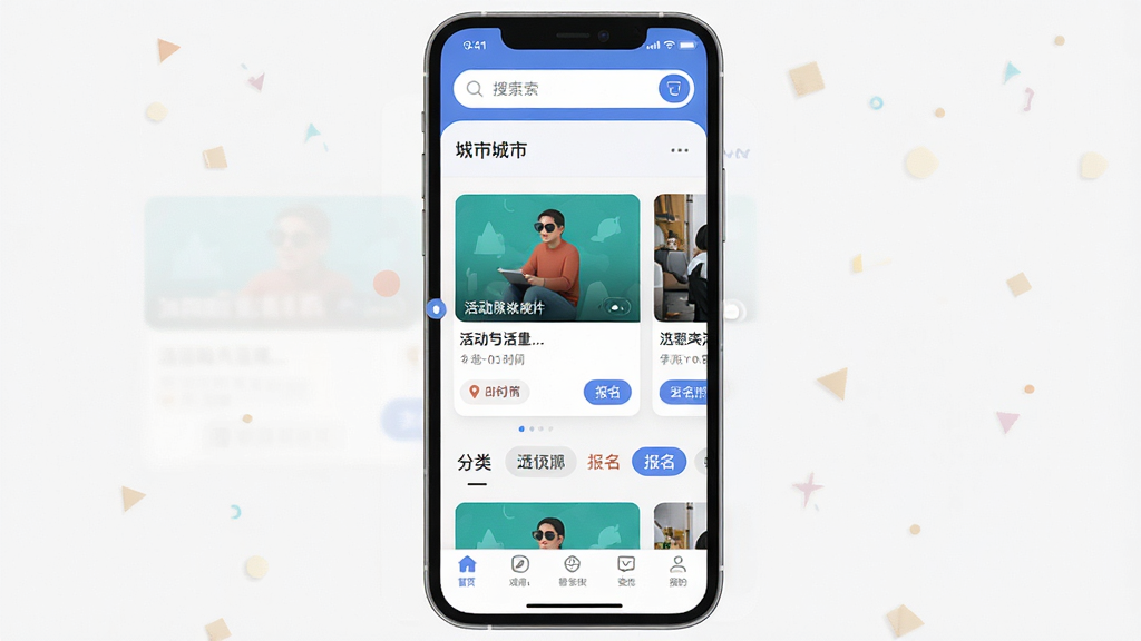 活动行App主界面展示,主体为手机屏幕中的活动列表页面,布局采用上下结构,顶部为搜索栏与城市选择,中部为活动卡片轮播与分类标签,底部为导航菜单,排版整洁清晰,风格为现代扁平化UI设计,细节包含活动封面图、时间地点标签、报名按钮,画质高清,干净,无多余元素